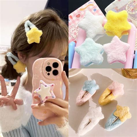 Tooyoo Color Plush Pentagram Star Hairpin For Women Girls Sweet Cute