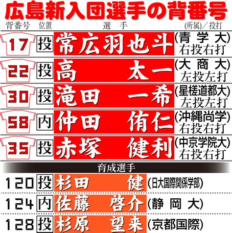 【広島】中村奨成が背番号「96」に変更 新人選手の背番号も発表、中村の「22」はドラ2高へ プロ野球写真ニュース 日刊スポーツ