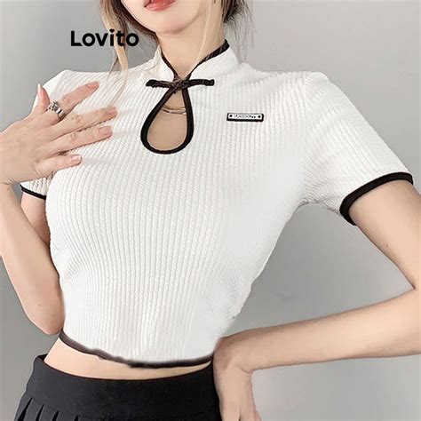 Lovito Women Preppy Plain Cut Out Contrast Binding T Shirt L82AD039