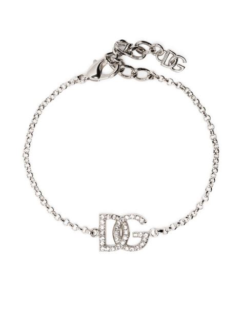 Dolce Gabbana Crystal Embellished Logo Charm Bracelet Silver FARFETCH