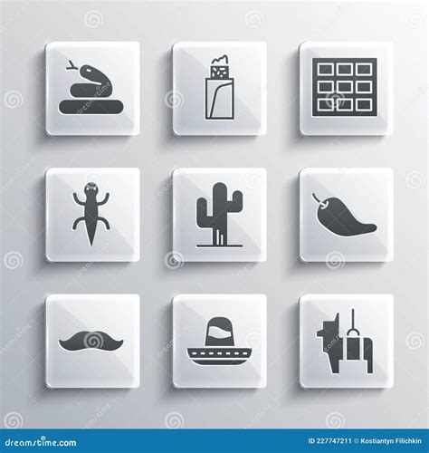 Set Mexican Sombrero Pinata Hot Chili Pepper Pod Cactus Mustache Lizard Snake And