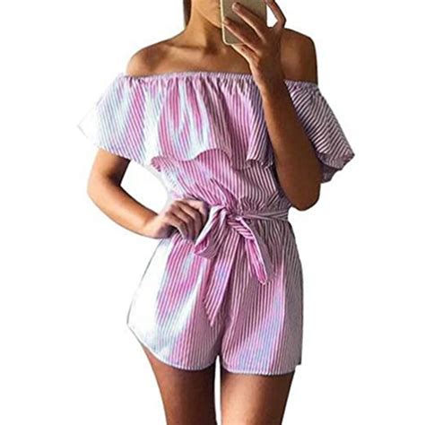 Sexy Off Shoulder Short Playsuit Women Ruffle Sleeve Striped Jumpsuit