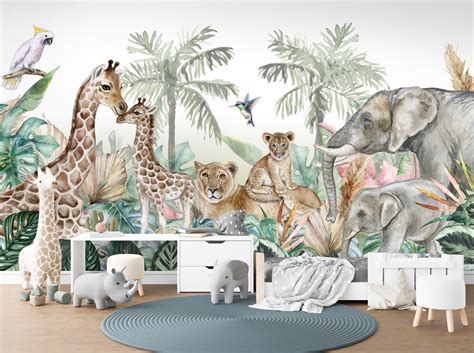 New Peel And Stick Jungle Safari Animals Nursery Baby Removable Wallp