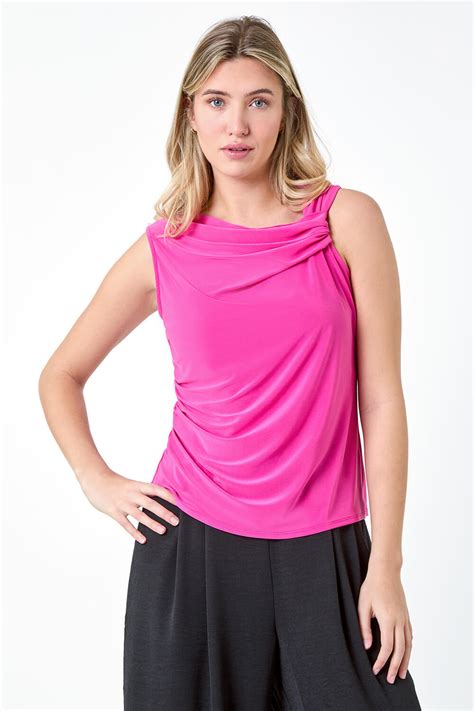 Cerise Ruched Twist Cowl Neck Stretch Top Roman Uk