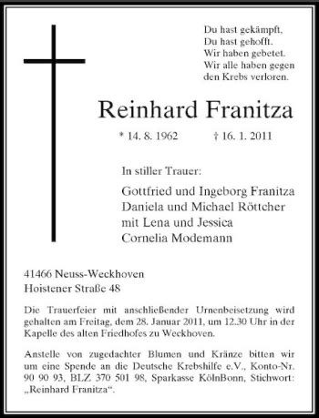 Alle Traueranzeigen für Reinhard Franitza trauer rp online de