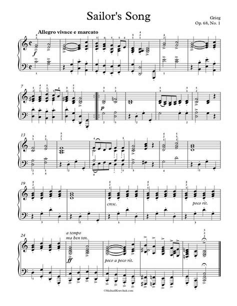 Free Piano Sheet Music Sailors Song Op 68 No 1 Grieg Michael