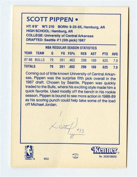 SCOTT SCOTTIE PIPPEN 1988 89 KENNER STARTING LINEUP CARD CHICAGO BULLS