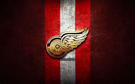 Download Wallpapers Detroit Red Wings Golden Logo Nhl Red Metal