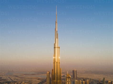 Aerial view of bright Burj Khalifa Tower in the sky of Dubai, United ...