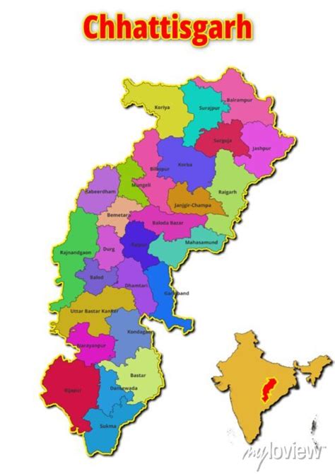 Map Of Chhattisgarh State With Names Of Regions Vector Illustration