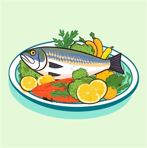 Premium Vector Cooked Fish With Lemon And And Vegetables On A Plate