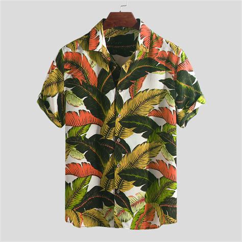 Mens Hawaiian Holiday Floral Printed Turn Down Collar Short Sleeve