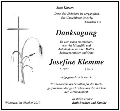 Traueranzeigen Von Danksagung Josefine Klemme Aachen Gedenkt