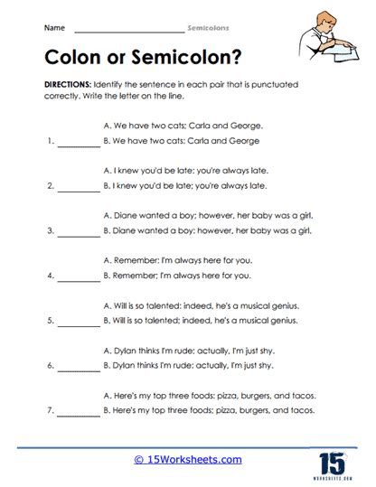 Semicolons Worksheets Worksheets