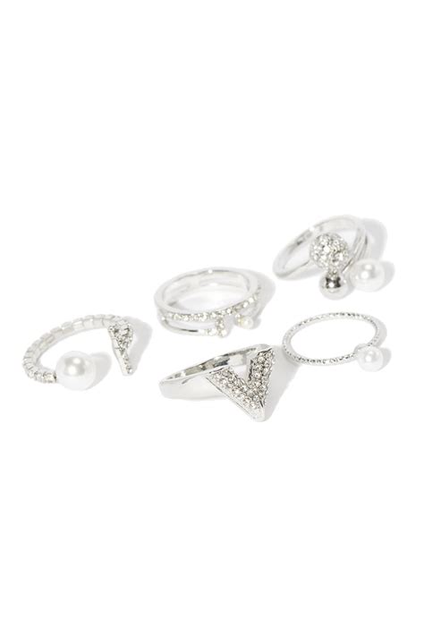 Quite The Pearl 5 Piece Ring Set Silver Fashion Nova Jewelry Fashion Nova