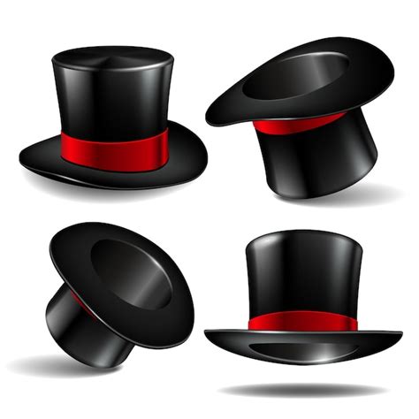 Premium Vector Set Of Black Magician Cylinder Hats With Red Ribbon