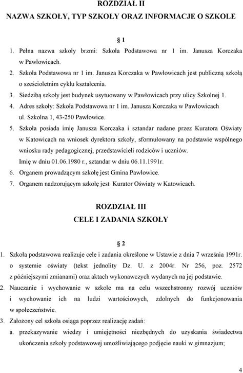 Statut Szko Y Podstawowej Nr Im Janusza Korczaka W Paw Owicach Pdf