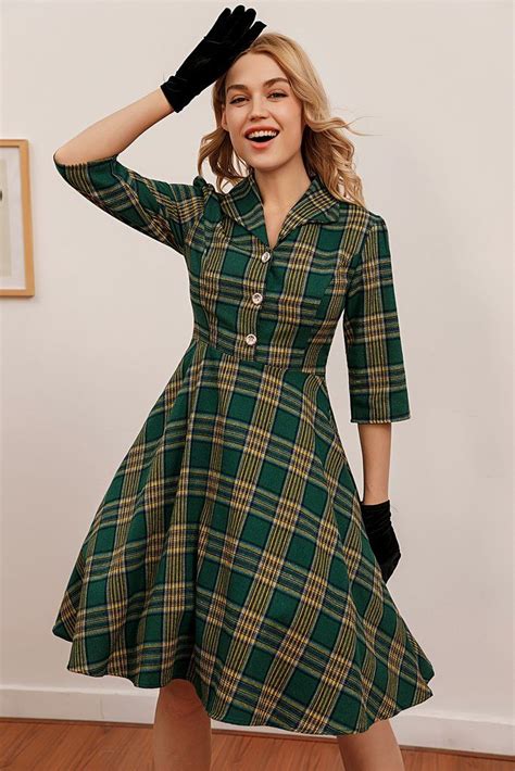 Green Plaid 34 Sleeve Dress Vintage Dresses Womens Vintage Dresses Dresses