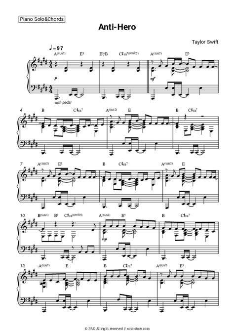 Anti Hero Piano Sheet Music And Chords Taylor Swift In Note Pianosoloandchords Sku