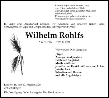 Traueranzeigen Von Wilhelm Rohlfs Trauer Kreiszeitung De