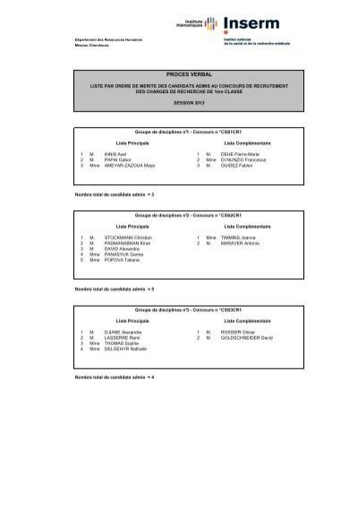 Liste Par Ordre De Merite Des Candidats Admis Aux EVA INSERM