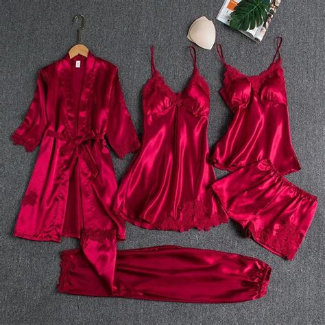 Flourish 5 Pcs Non Padded Silk Satin Pajama Set Cami Top Nightgown Sex