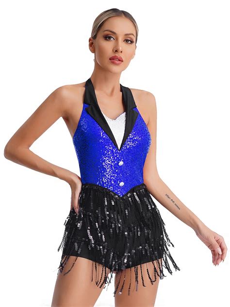 Yizyif Womens Halter Shiny Sequins Tassel Latin Jazz Dance Leotard