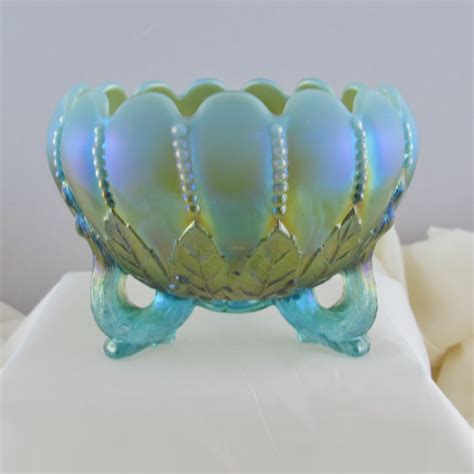 Antique Northwood Aqua Opal Leaf And Beads Carnival Glass Rose Bowl Carnival Glass