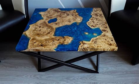 Live Edge River Metalic Blue Epoxy Coffee Table Etsy