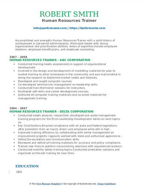 Human Resources Trainer Resume Samples Qwikresume