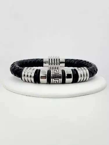 Pulsera Grecas Piel Negra Trenzada Con Acero Inox Meses Sin Intereses