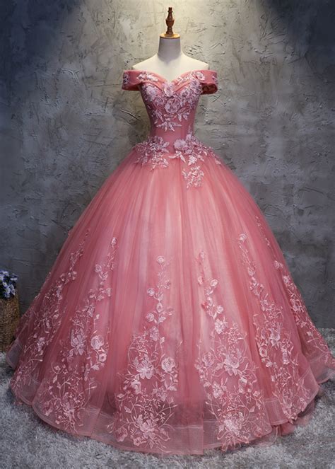 2018 Off Shoulder Pink Tulle Long Handmade Evening Dress Long Ball