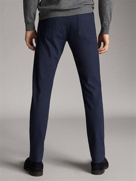 Massimo Dutti Men Slim Fit Denim Effect Heathered Trousers Navy