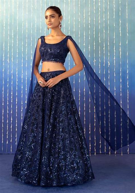 Buy Women Navy Blue Abstract Sequin Embroidered Lehenga Set With