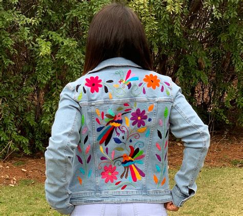 Hand Embroidered Denim Jacket Otomi Floral Jean Jay Etsy