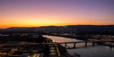 Aerial View Of Sunset Over Tennessee River Over Downtown Chattanooga