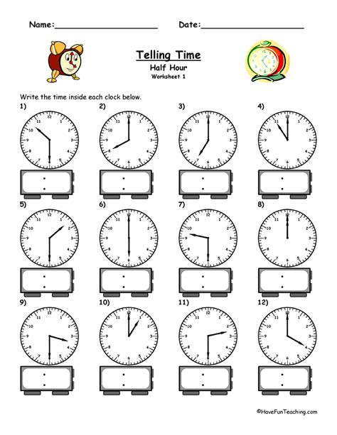 Telling Time Hour And Half Hour Worksheets