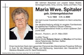 Traueranzeigen Von Maria Spitaler Trauer Bz