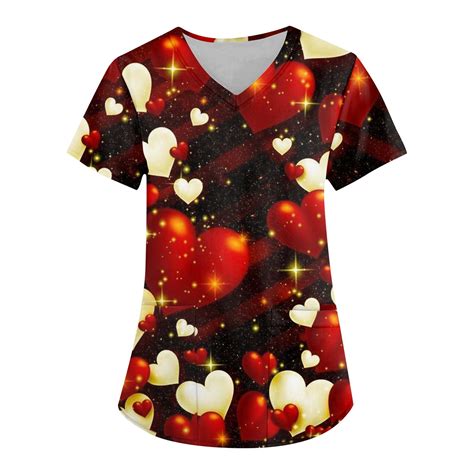 Dengdeng Valentine S Day Womens Scrub Tops Plus Size Love Heart Printed