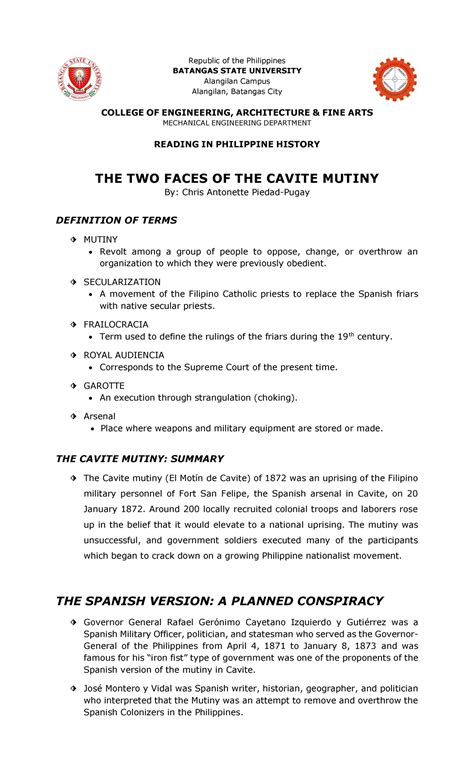 The Cavite Mutiny Readings In Philippine History Republic Of The