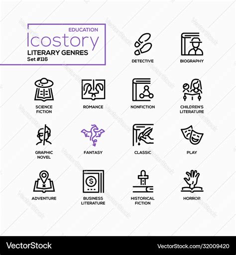 Literary Genres Line Design Style Icons Set Vector Image