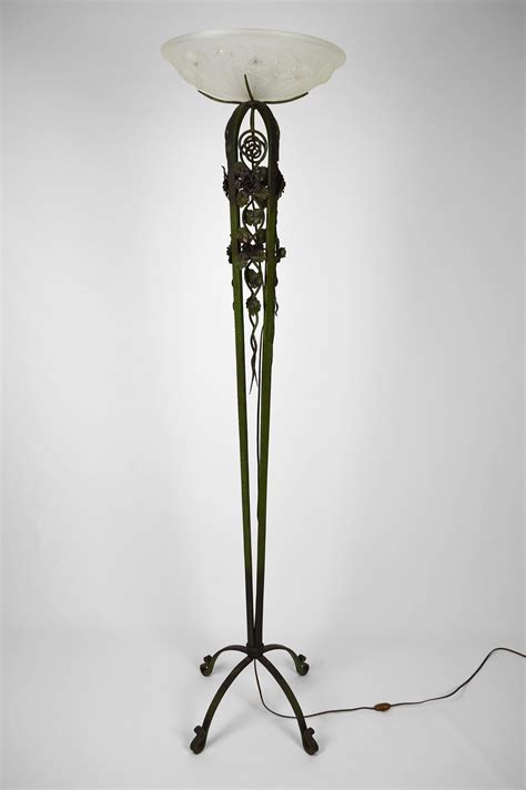 Art Deco Floor Lamp In Wrought Iron And Green Patina France Circa