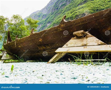 Part Of Old Wooden Viking Boat In Norwegian Nature Stock Photo Image