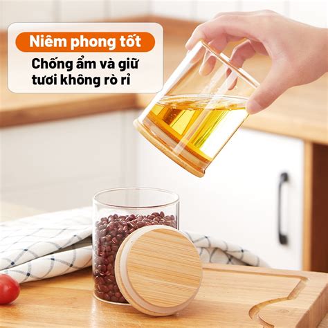 5 U HOME Lọ thuỷ tinh nắp gỗ cao cấp lọ thủy tinh đựng gia vị hộp