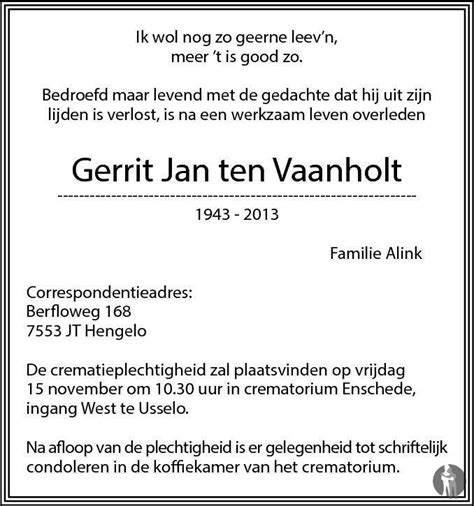 Gerrit Jan Ten Vaanholt 11 11 2013 Overlijdensbericht En Condoleances