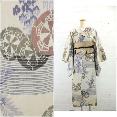 S Antique Meisen Hitoe Kimono Wisteria Wheel Pattern Silk