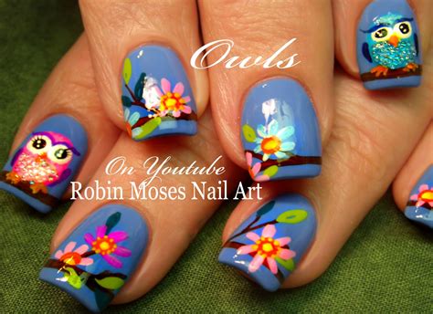 Nail Art By Robin Moses Spring Owl Nail Art Design Tutorial Owl Nails