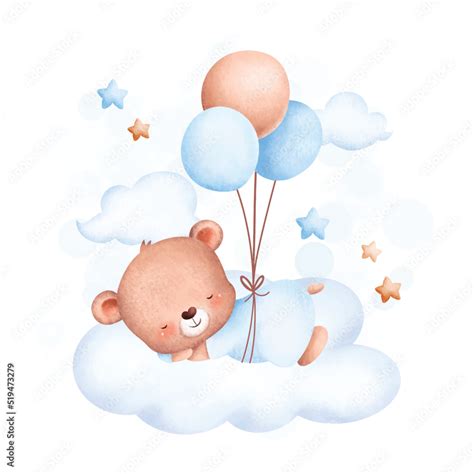 Watercolor Illustration Cute Baby Bear And Balloons Sleeping On Cloud