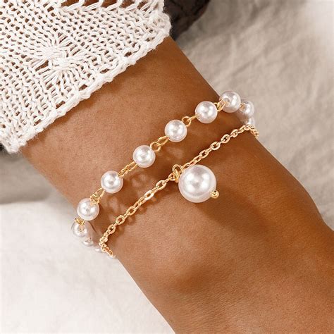 HuaTang pulsera romántica de perlas para mujer brazalete multicapa