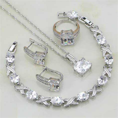 Square 925 Silver Jewelry White Cubic Zirconia Bridal Jewelry Sets For ...